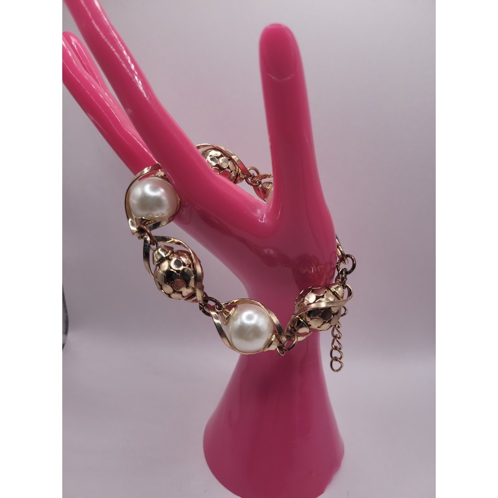 Gold Tone Cream Faux Pearl Look Bead Bracelet Textured Openwork Statement